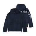 flatlay Sherpa Recovery Hoodie in navy with white text, front and back views