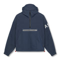 Flatlay of navy weather-ready anorak jacket with hood and chest pocket, front view