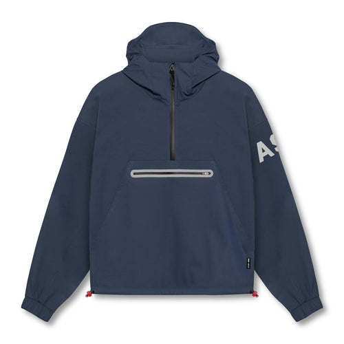 Flatlay of navy weather-ready anorak jacket with hood and chest pocket, front view