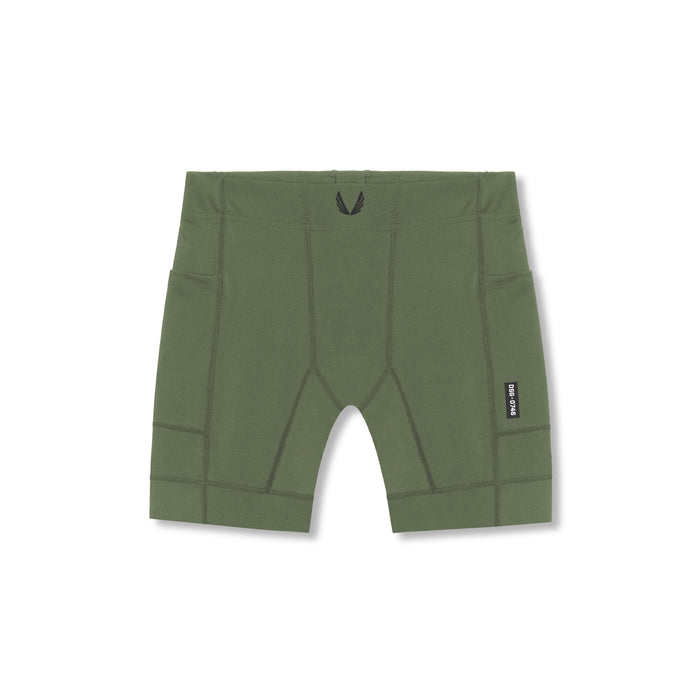flatlay WarpFlexx® Side Pocket 1/2-Length Legging shorts in olive, front view
