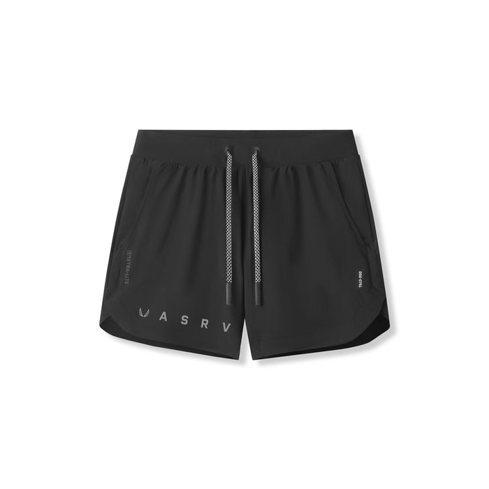 flatlay Tetra-Lite 5" Linerless Short in black with reflective branding, front view