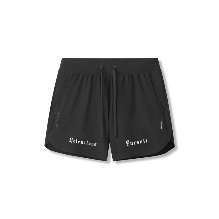 Flatlay of black Tetra-Lite 5" Linerless Shorts with 'Relentless Pursuit' text, front view