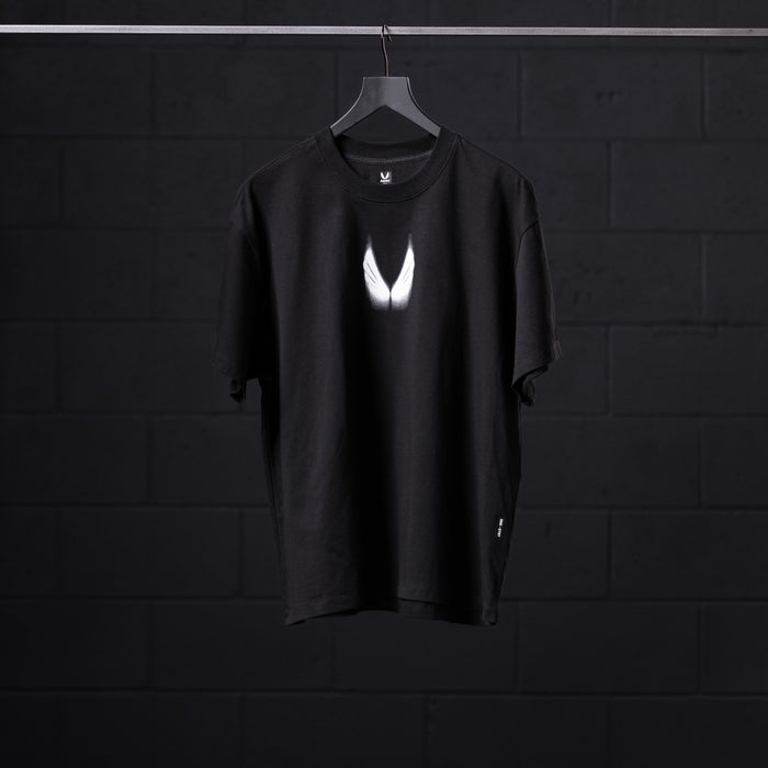 Black Tech Essential Relaxed Tee with white Motion Blur graphic, displayed on hanger