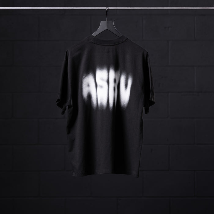 Black Tech Essential Relaxed Tee with Motion Blur design on hanger, back view