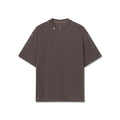 Flatlay of a dark brown short-sleeve crewneck t-shirt with small embroidered wings logo on the collar, displayed flat against a solid white background.