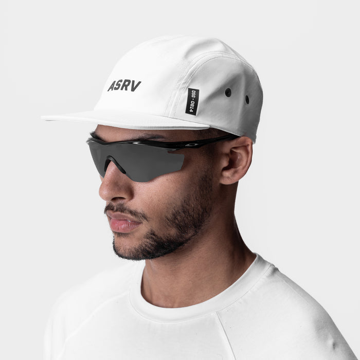 White 5-panel run cap with 'ASRV' branding, worn by model with sunglasses, side profile view