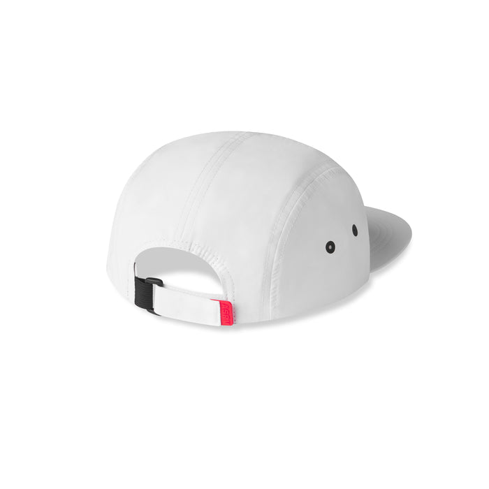 flatlay of white 5-panel run cap shown from back view with adjustable strap