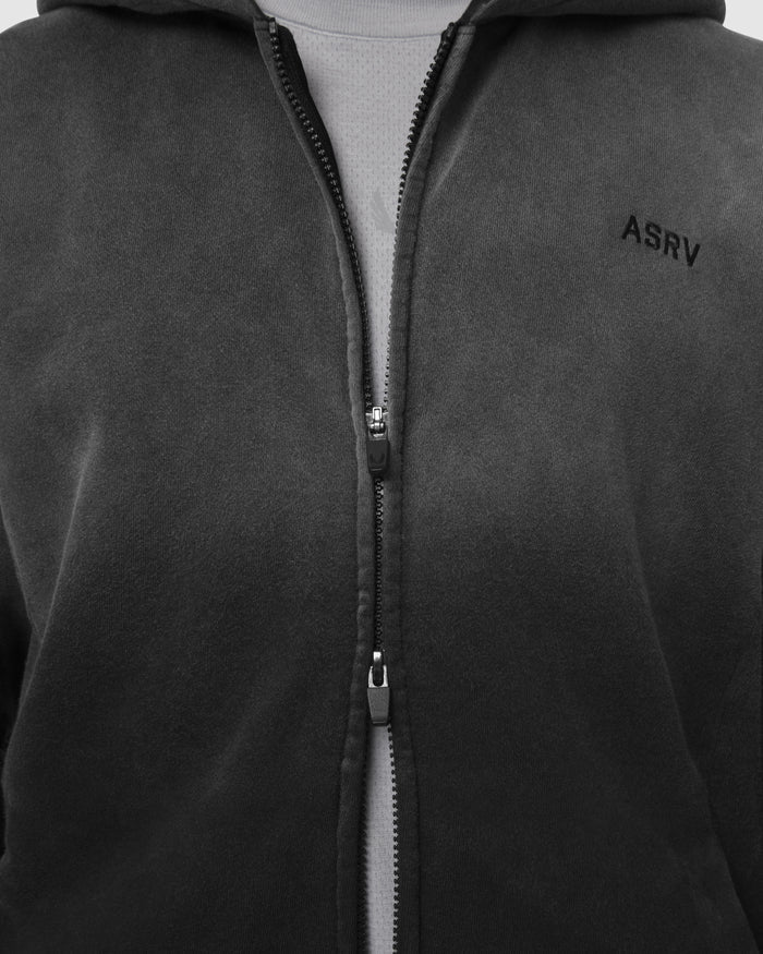 0843. Tech Essential™ Distressed Full Zip Hoodie - Black Sun Fade
