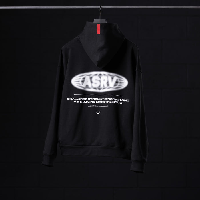 Flatlay Tech-Terry™ Zip Pocket Hoodie in black with 'Global Reach' graphic print, front view