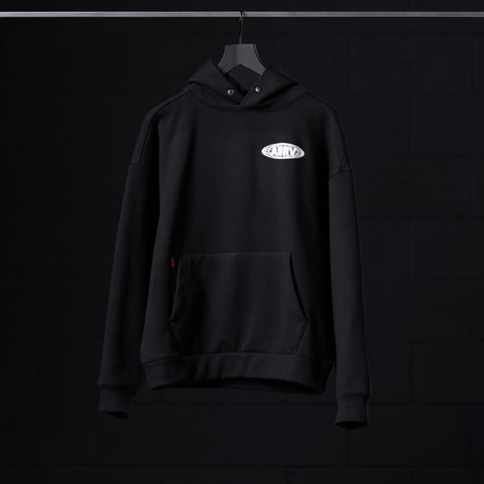Flatlay Tech-Terry Zip Pocket Hoodie in black with Global Reach logo, front view