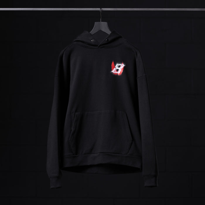Flatlay Tech-Terry™ Zip Pocket Hoodie in black with glowing logo, front view