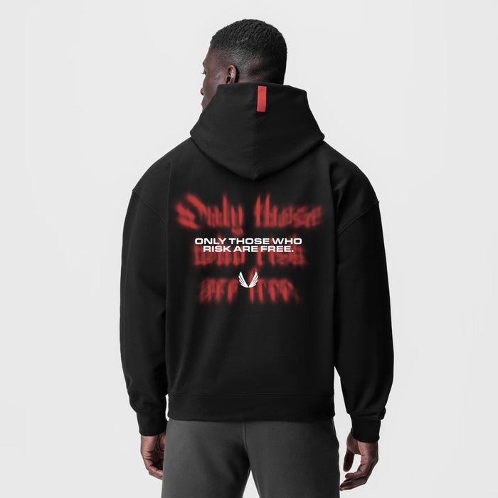 Tech-Terry™ Zip Pocket Hoodie in black with 'Risk Protocol' back graphic, worn by model, back view