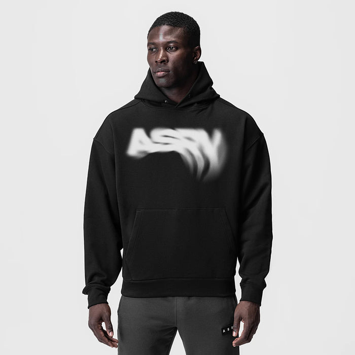Tech-Terry Zip Pocket Hoodie in black with blurred graphic design, front view on model