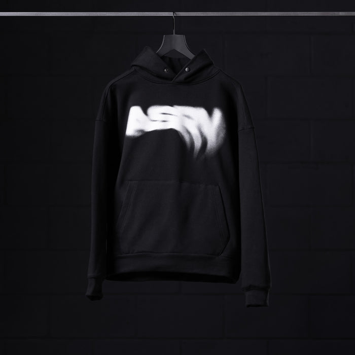 Flatlay Tech-Terry Zip Pocket Hoodie in black with white graphic design, front view