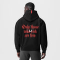Tech-Terry Zip Pocket Hoodie in black with red graphic back print, worn by model