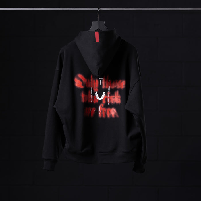 Flatlay Tech-Terry™ Zip Pocket Hoodie in black with red graphic print, front view