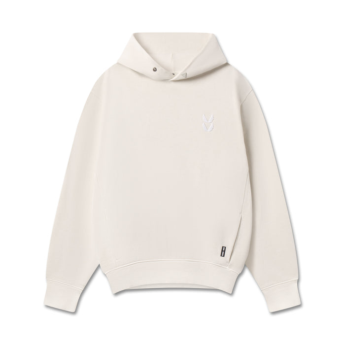 flatlay Tech Essential Distressed Hoodie in faded stone, front view