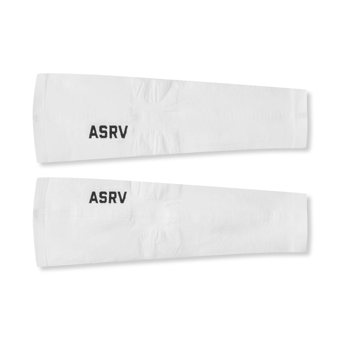 flatlay of ASRV Body-Mapped Arm Sleeves in white, pair view