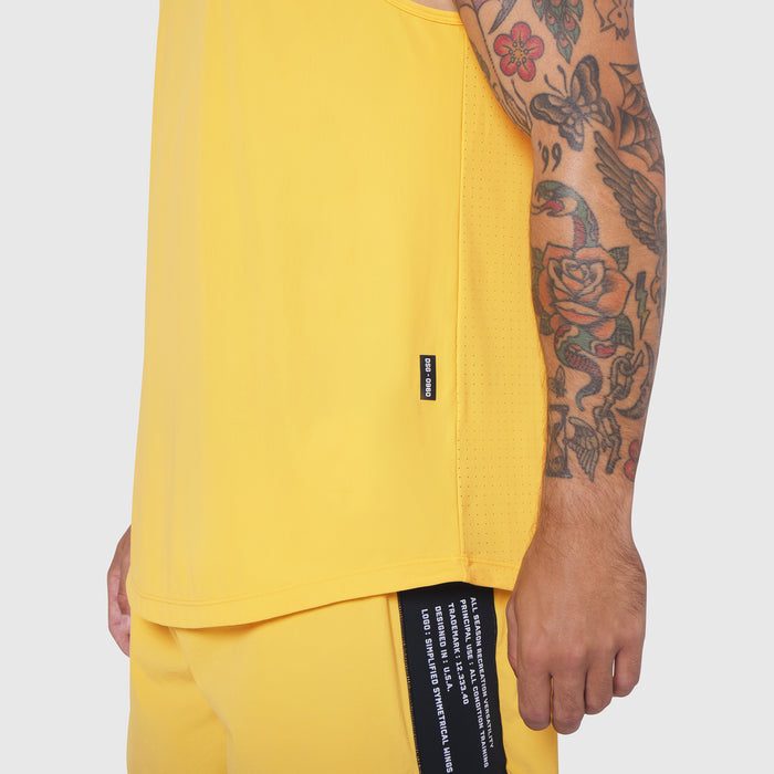 Laser-Vent Tank Top in amber yellow worn by model showing side view and fit