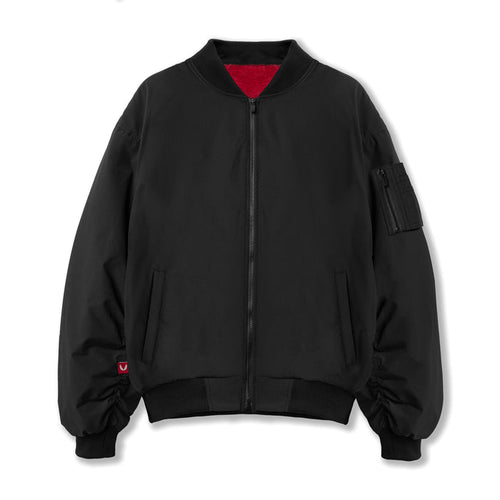 flatlay Sherpa-Lined Insulated Bomber Jacket in black, front view