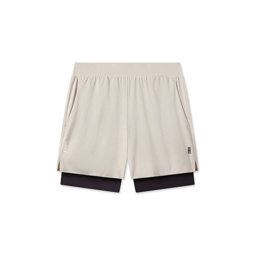 flatlay Aerotex Bonded 7" Liner Short in chai and black, front view