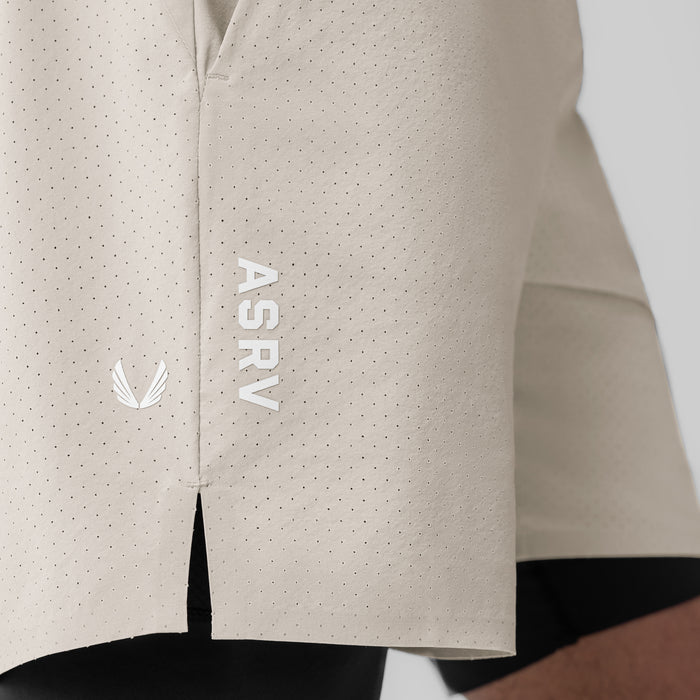 Aerotex Bonded 7" Liner Short in Chai worn on model, side detail view