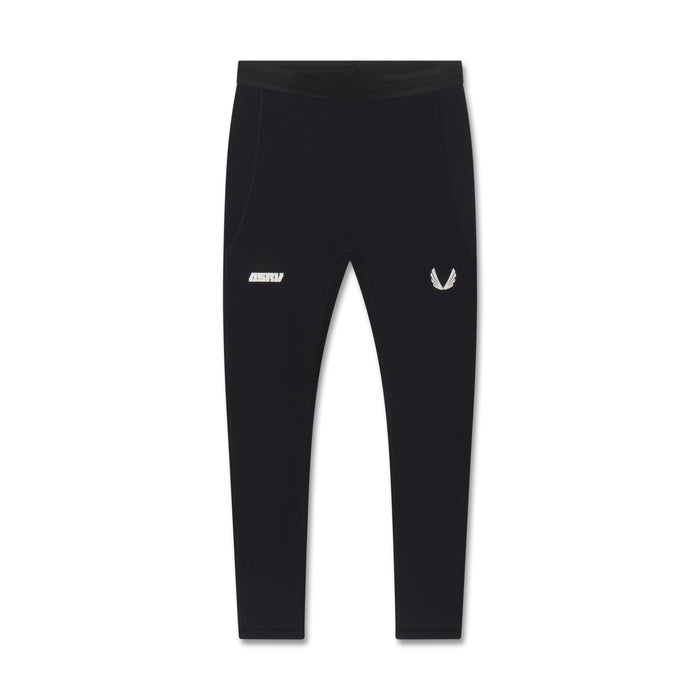 Flatlay of black Lycra® Ribbed Running Tight with ASRV logo, front view