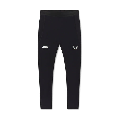 Flatlay of black Lycra® Ribbed Running Tight with ASRV logo, front view