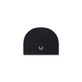 flatlay of black Lycra® Skully beanie with small white logo, front view