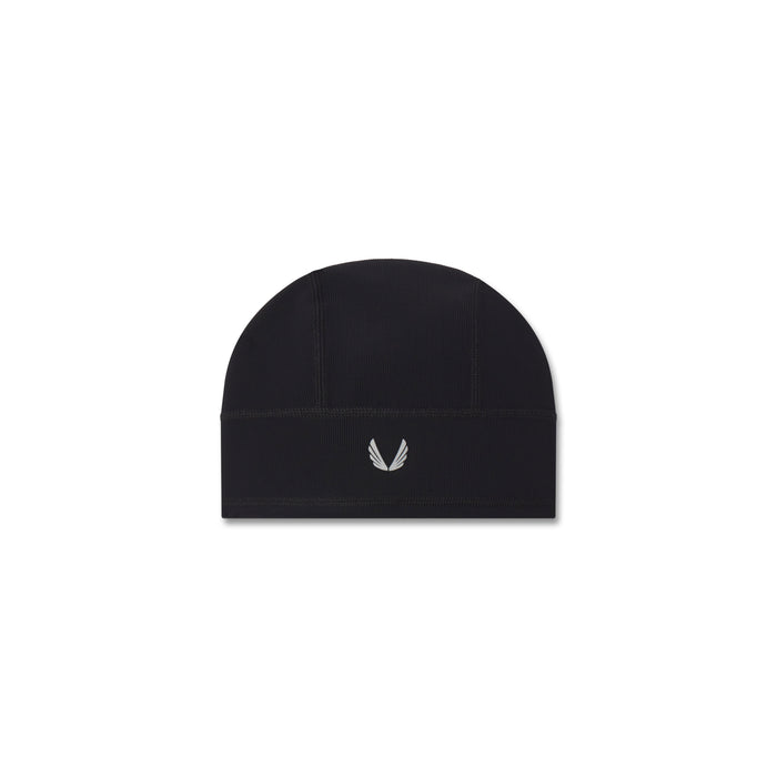 flatlay of black Lycra® Skully beanie with small white logo, front view