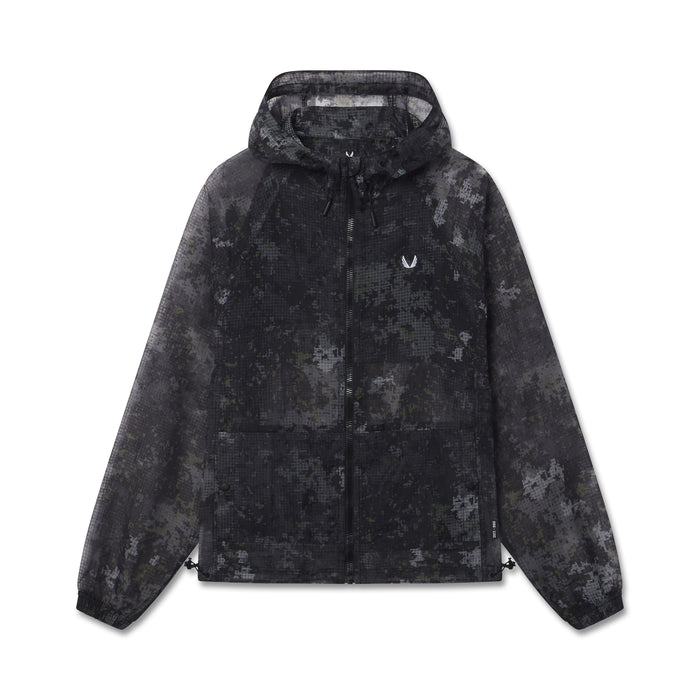 flatlay Weather-Ready Transparent Ripstop Shell Jacket in black pixel camo, front view