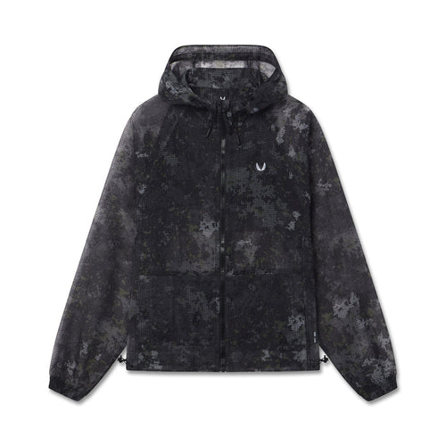 flatlay Weather-Ready Transparent Ripstop Shell Jacket in black pixel camo, front view