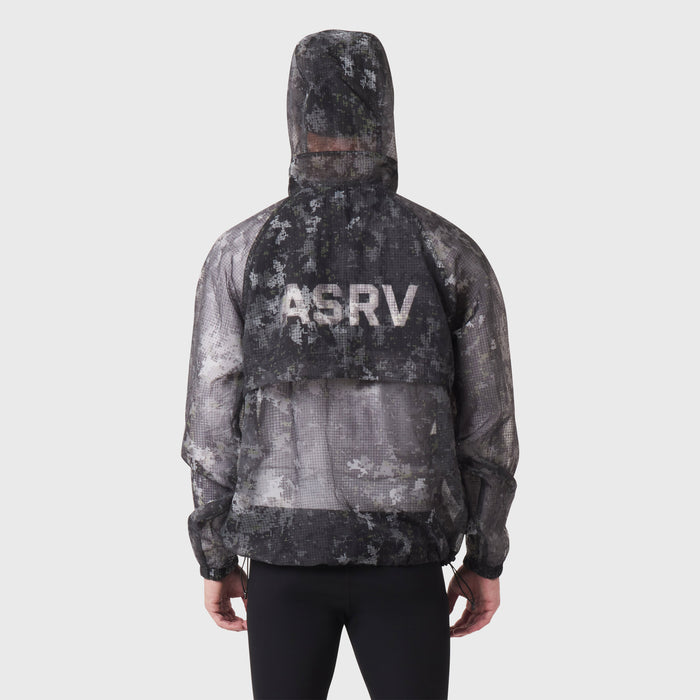 Weather-Ready Transparent Ripstop Shell Jacket in pixel camo, worn by model, back view
