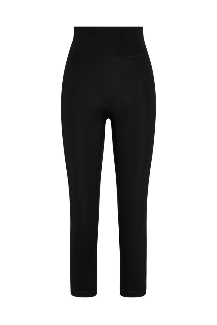High-rise cropped black leggings with wide waistband, front view.