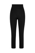 High-rise cropped black leggings with wide waistband, front view.