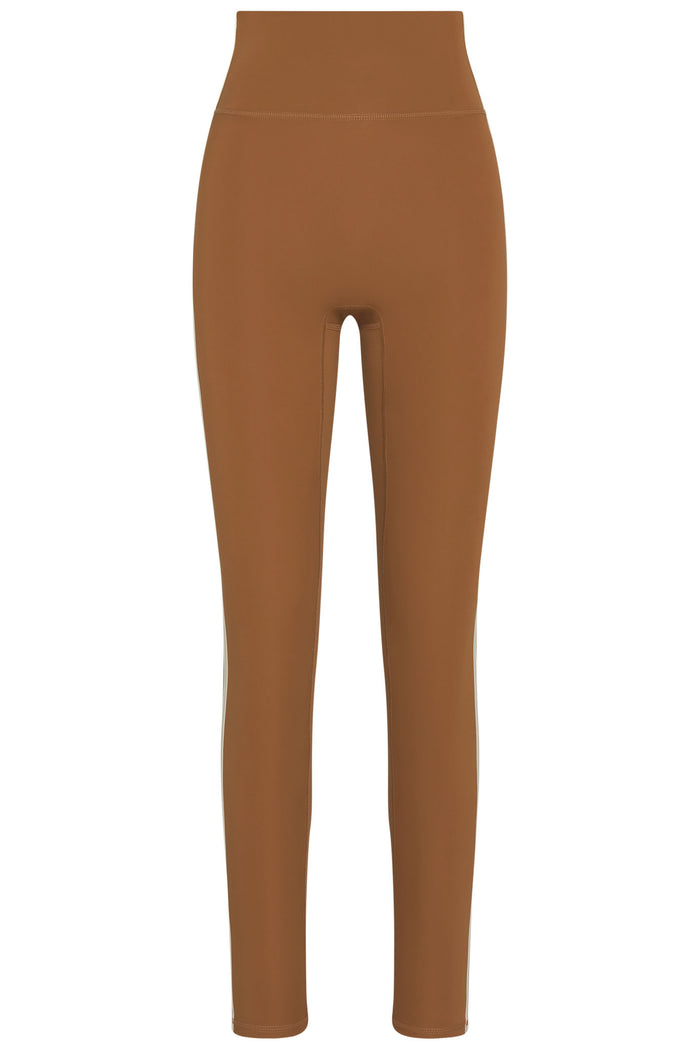 Front view of Acadia Legging Long in Caramel/Ivory with high double waistband, front pocket and 29-inch inseam on white background