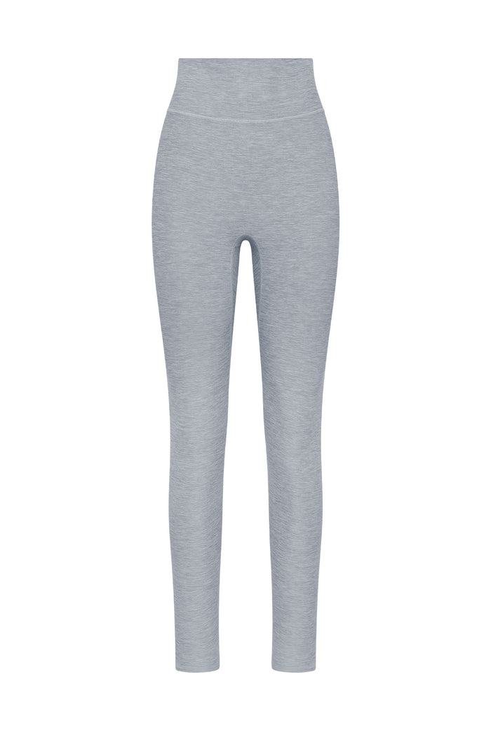 Front view of Acadia Long Legging 29-inch showing high-rise waistband, contoured center seam, light heather gray on white