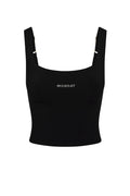 Black cropped tank top with MONDAY embroidered on front, square neckline and wide straps