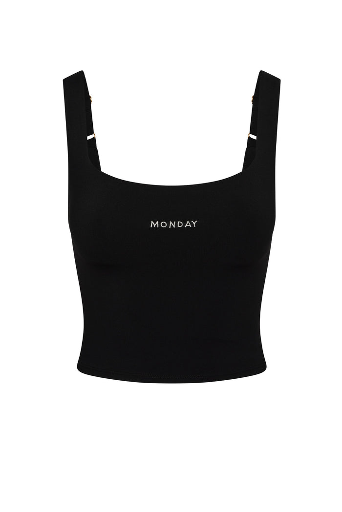 Black cropped tank top with MONDAY embroidered on front, square neckline and wide straps