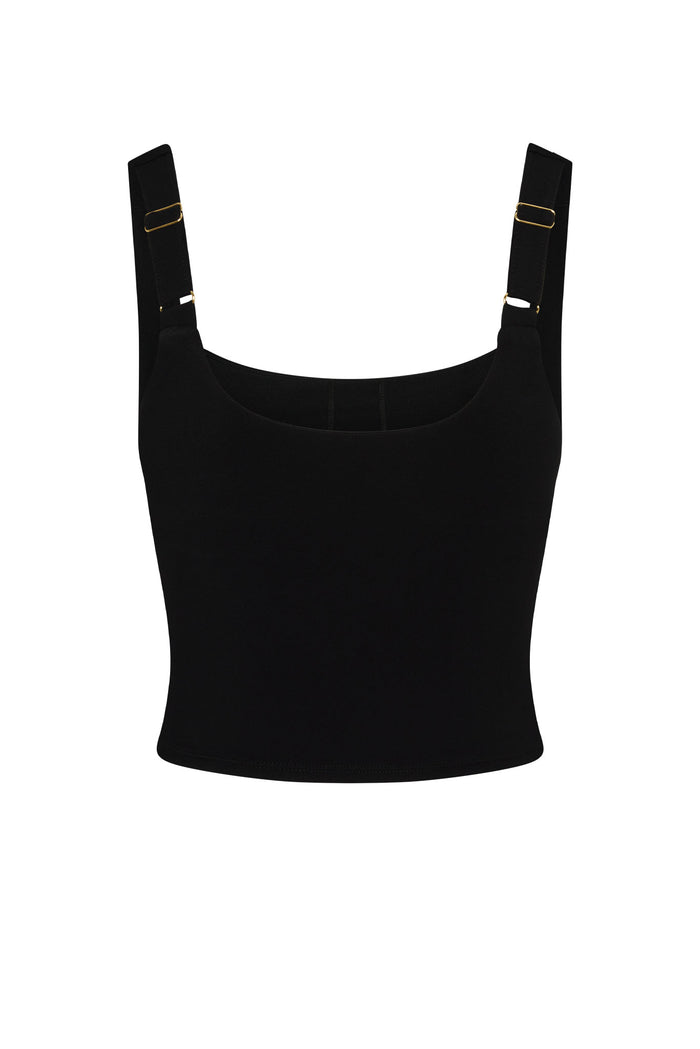 Black cropped tank top with wide adjustable straps and gold-tone slider hardware.