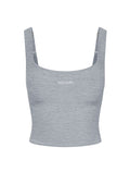 Light gray heather cropped tank top with square neckline and "MONDAY" embroidered at center chest.
