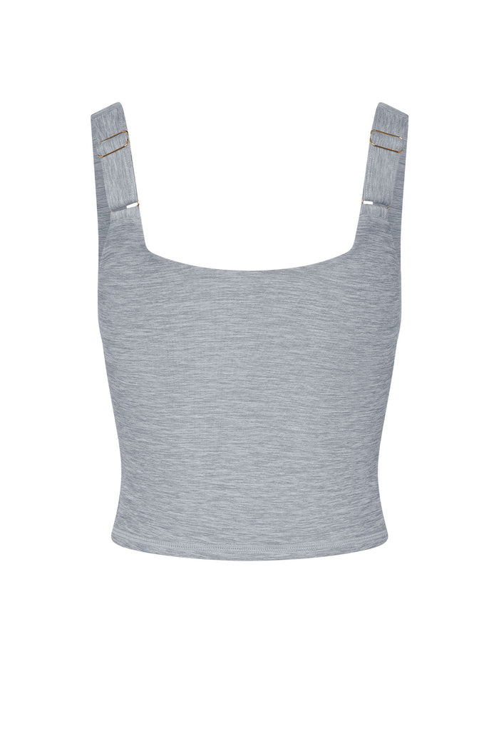 Light gray heathered cropped tank top with square neckline and adjustable gold metal sliders on the straps.