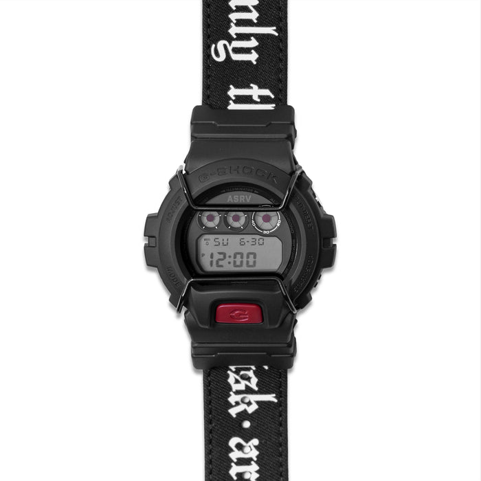 flatlay ASRV x G-SHOCK DW6900 digital watch in black, front view