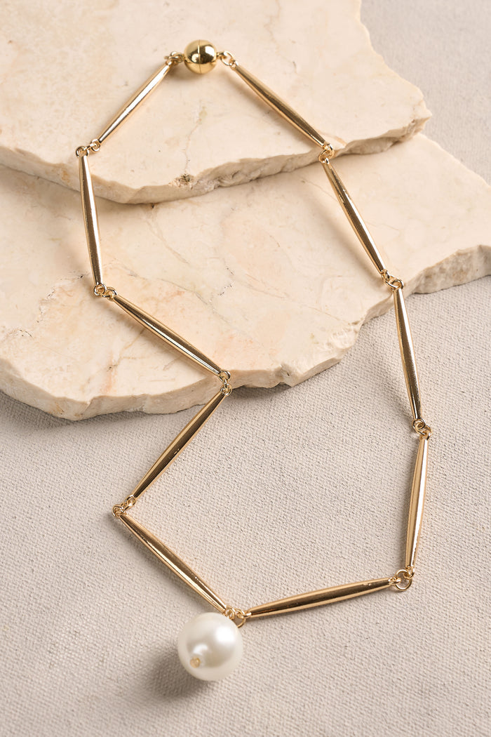 Bar Chain Pearl Necklace - Gold