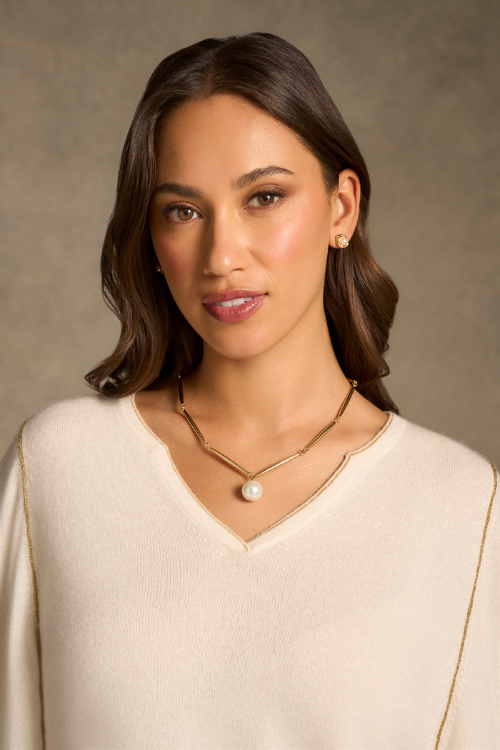 Bar Chain Pearl Necklace - Gold