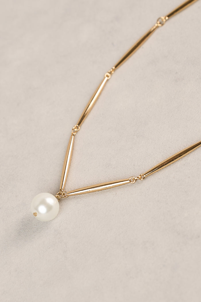 Bar Chain Pearl Necklace - Gold
