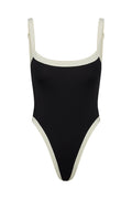 Front view of Barcelona One Piece swimsuit showcasing ivory contrast trim and high-cut leg on white background