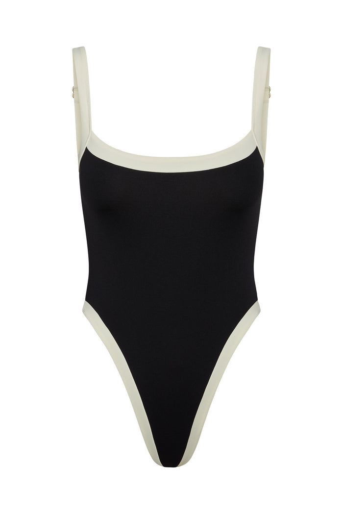 Front view of Barcelona One Piece swimsuit showcasing ivory contrast trim and high-cut leg on white background
