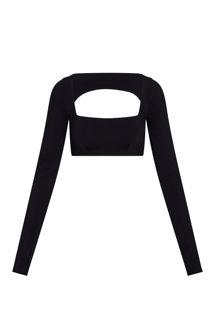 Black long-sleeve cropped top with wide square neckline and rectangular front cutout.