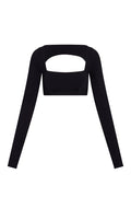 Black long-sleeve cropped top with wide square neckline and rectangular front cutout.